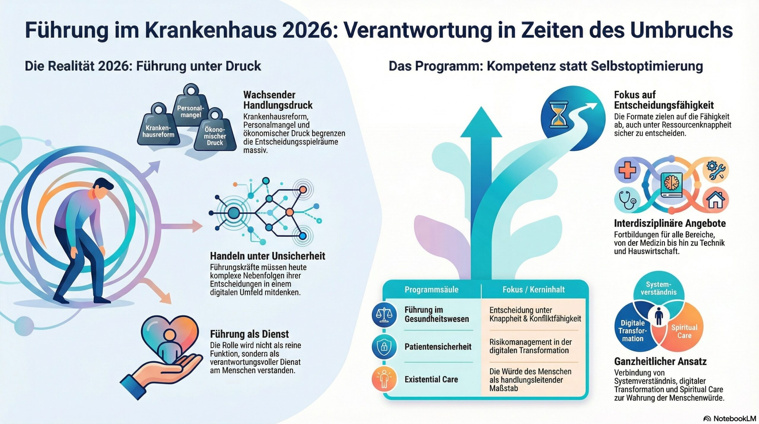 Stiftung Bildung der Katholischen Krankenhäuser - Jahresprogramm 2026 Infografik zum Jahresprogramm 2026 der Stiftung Bildung mit Schwerpunkten auf Führung im Krankenhaus, Verantwortung unter Reformdruck und Entscheidungsfähigkeit